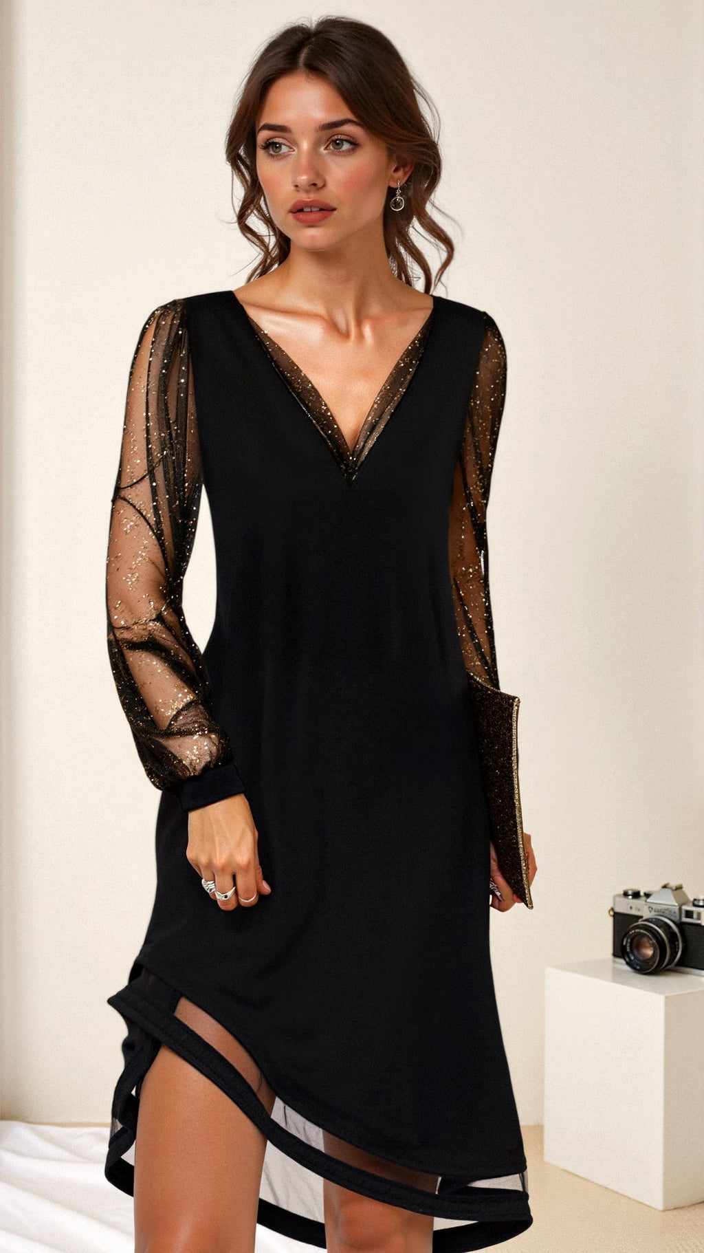 Evening Dress Women | Sheer Sleeves with Sparkling Detail - 1 - Rokvane