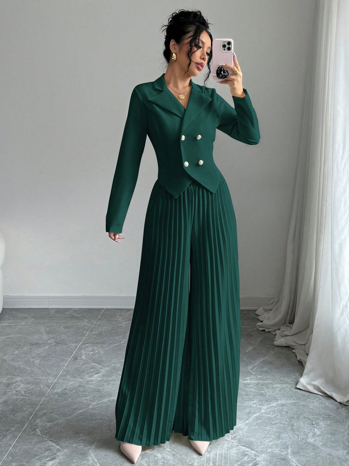 Chic Pleated Double-Breasted Jumpsuit - 7 - Rokvane