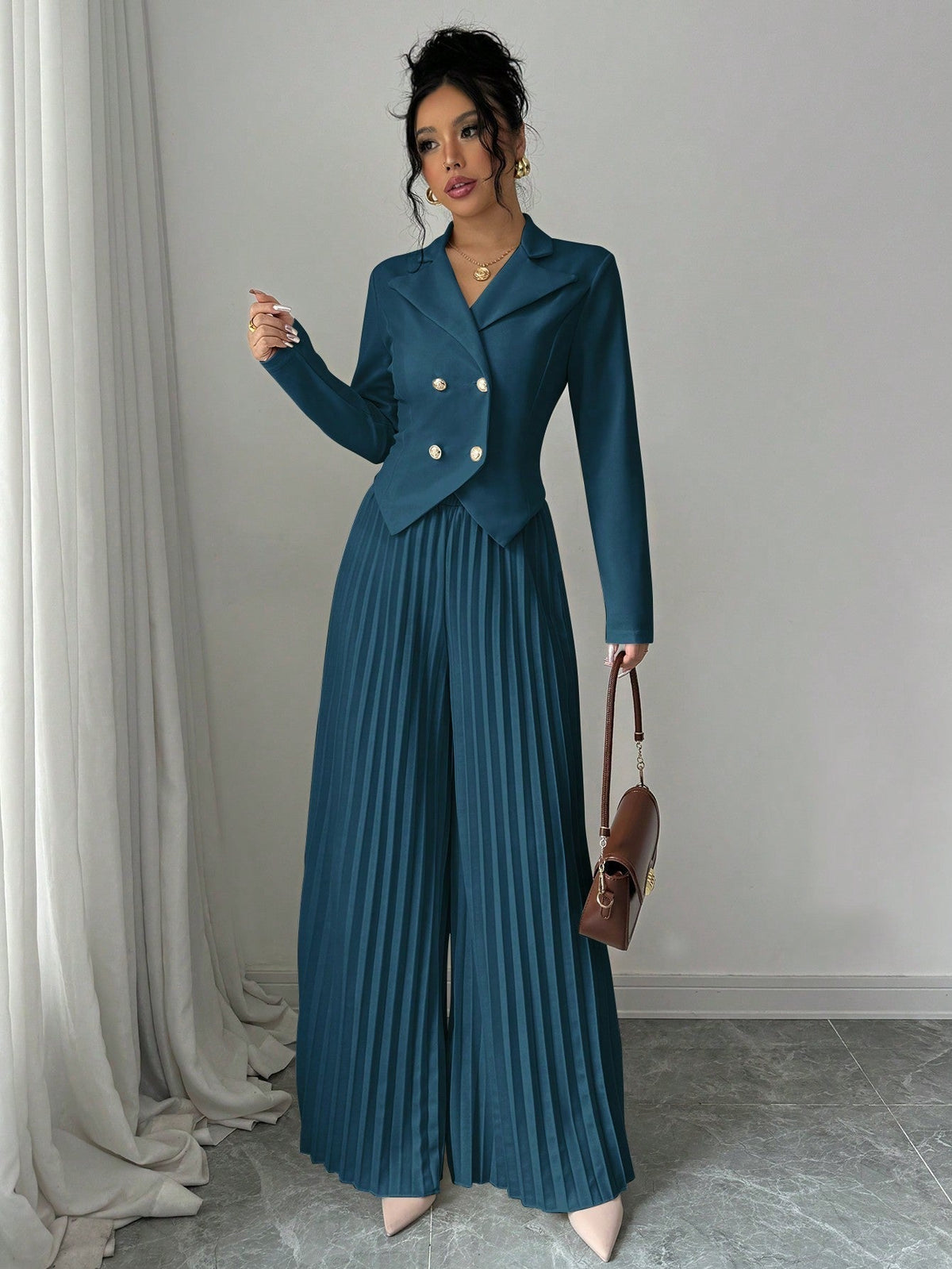 Chic Pleated Double-Breasted Jumpsuit - 19 - Rokvane