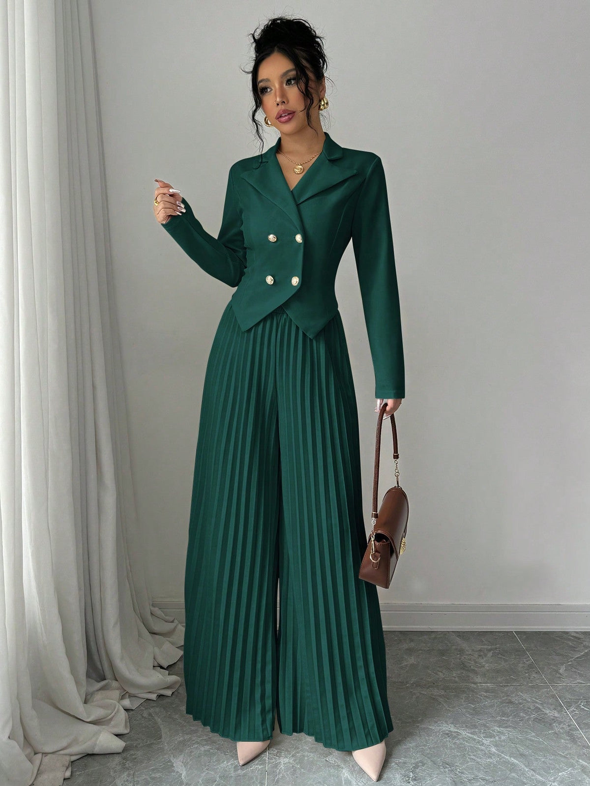 Chic Pleated Double-Breasted Jumpsuit - 15 - Rokvane