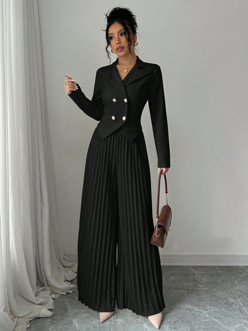 Chic Pleated Double-Breasted Jumpsuit - 12 - Rokvane