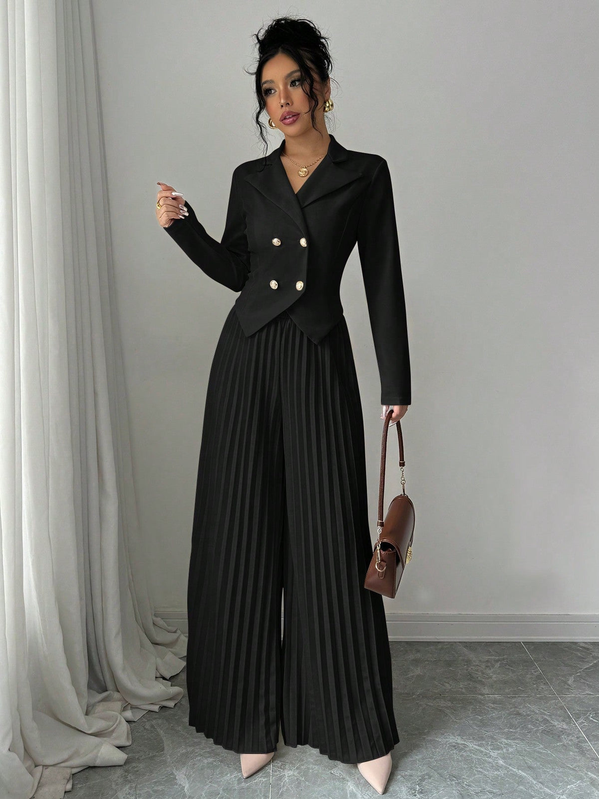 Chic Pleated Double-Breasted Jumpsuit - 12 - Rokvane