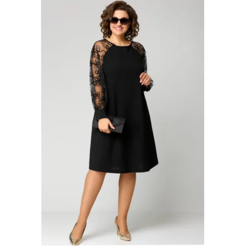 Flattering Black A-Line Dress with Lace Sleeves - 7 - Rokvane